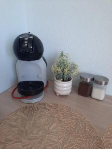 een keukenmachine op een tafel met een plant bij PA Apartment in Rēzekne