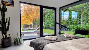a bedroom with a bed and a large window at Black Walnut House with indoor outdoor fireplace in Izvoarele
