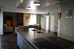 a kitchen with a counter top and a living room at La Bordure de la Forêt in Sourbrodt +37 photos