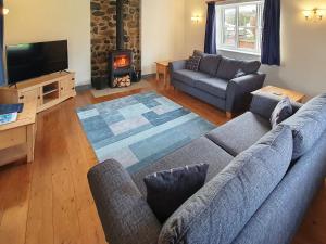 a living room with a couch and a tv and a fireplace at West End Farmhouse in Barmston