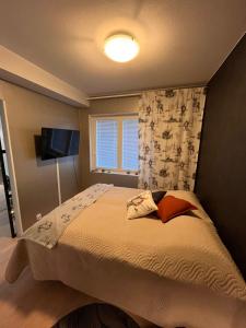 una camera con un letto, una finestra e una TV di Apartment Secret a Rovaniemi