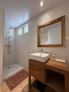 a bathroom with a sink and a mirror and a tub at Lodge Orchidée de la Villa La Palmira - Vue Mer - Jacuzzi Privé - Accès Piscine - Lit King Size - Clim - 4 étoiles - Proche commodités - TV - connectée - Internet fibre - Proche Plage in Les Anses-dʼArlets