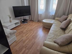 a living room with a couch and a flat screen tv at Große, moderne, helle Unterkunft mit Essküche all-in LTE in Gera