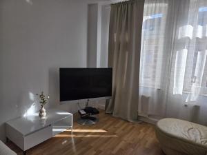 a living room with a flat screen tv and a window at Große, moderne, helle Unterkunft mit Essküche all-in LTE in Gera