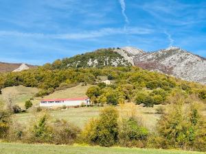 a barn on a hill in front of a mountain at Acogedor apartamento parque Aizkorri-Aratz a 45 min San Sebastian in Araya
