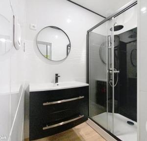 Un baño blanco con lavabo y espejo. en Cosy F2 proche parc thermal VITTEL, en Vittel