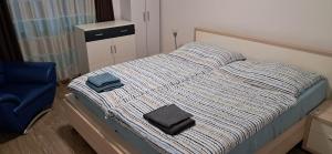 een slaapkamer met een bed en een blauwe stoel bij Apartment Top2,Steyr bei BMW BESTROOMS eU in Steyr