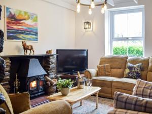 a living room with a fireplace and a tv at Ty Lewis Cottage in Llanelli