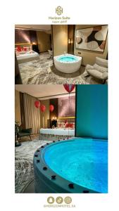 two pictures of a hotel room with a tub at فندق الآفق للآجنحة الفندقيه in Hail