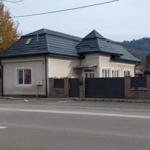 a house with a black roof on a street at Casa Ani in Ocna-Mureşului