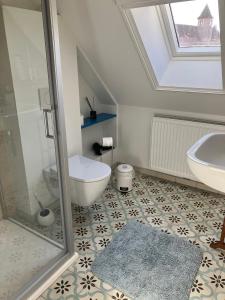 a bathroom with a toilet and a sink at Tampico, Holiday Home at river Schelde in Hamme