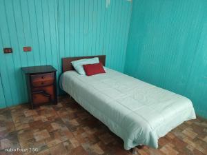 1 dormitorio con cama con almohada roja y mesita de noche en Blue Tavern House, en Vallenar