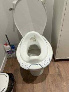 a toilet with a hello kitty seat in a bathroom at Appt RDC meublé 2 ou 4 pers in Blagny +8 photos