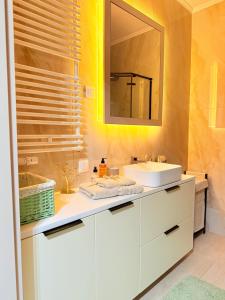 Prywatny apartament przy ulicy Francesco Nullo في كراكوف: حمام مزود بحوض ومِرآة +29 صورة