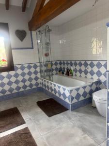 a bathroom with a tub and a toilet at Casa de campo La siberia  +11 photos
