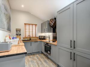 een keuken met grijze kasten en een aanrecht bij Appletree Lodge in Ayr