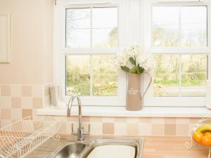 eine Küchenspüle mit einer Vase aus Blumen im Fenster in der Unterkunft Arden Cottage in Twynholm