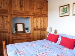 a bedroom with a blue bed with red pillows at Rhandir-Mwyn - Hw7110 in Llandwrog