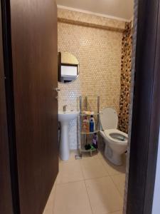 un bagno con un water, un lavandino e uno specchio di Promenada Wiew a Craiova Altre 7 foto