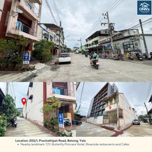 a collage of two pictures of a street with a building at On Onn's Guesthouse in Ban Komo Sip Paet