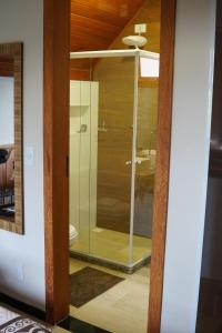 a glass shower in a bathroom with a toilet at Chalé Sognare Due in Santa Teresa +9 photos