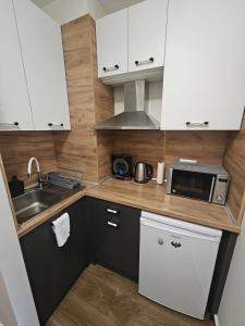 een kleine keuken met een spoelbak en een magnetron bij Rustic Mountain Apartment - A55 in Borovets +14 foto's
