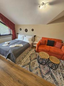een slaapkamer met een bed en een bank bij Rustic Mountain Apartment - A55 in Borovets