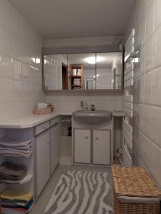 ein kleines Badezimmer mit Waschbecken und Spiegel in der Unterkunft Unser Woidhaisl - idyllisches Ferienhaus im Bayerischen Wald in Neukirchen