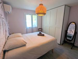 een slaapkamer met een groot bed en een spiegel bij Maison 3 étoiles climatisée, jardin, parking, proche centre et thermes in Dax