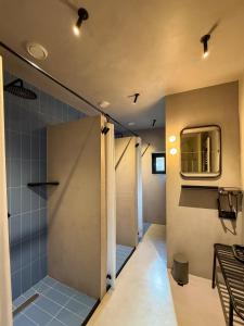 a bathroom with a shower and a mirror at Ruby Hostel - Lux Group Dorm Rooms in Kutaisi +69 photos