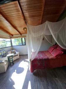 a bedroom with a bed with a mosquito net at Cabañas Casa Verde in Potrerillos