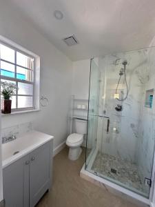 Un baño con ducha, inodoro y lavabo. en Miramar's Studio, en Miramar