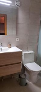 a bathroom with a toilet and a sink and a mirror at Studio Bellevue Veysonnaz in Veysonnaz +11 photos