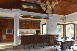 a kitchen with wooden cabinets and a table with chairs at Erdőparty Vendégház in Tápiószecső +23 photos