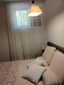 a bedroom with a bed with pillows and a window at Oasi di pace in Rocca deʼGiorgi