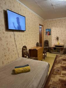 ein Zimmer mit einem Bett und einem Fernseher an der Wand in der Unterkunft Апартаменти Клосовського in Schytomyr