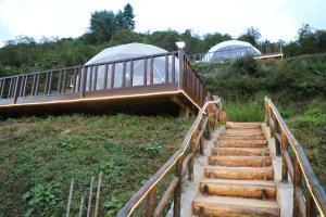a set of stairs leading up to a bridge with two domes at The Kamcha Geodesic dome & Homestay in Bomdila +7 photos