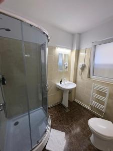 a bathroom with a shower and a toilet and a sink at Vila Ada in Bucharest +63 photos