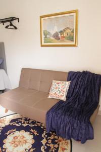 a living room with a couch and a picture on the wall at Apartamento novo com ar condicionado e garagem in São Lourenço