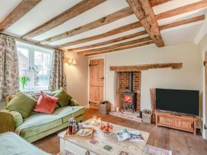 a living room with a couch and a tv and a fireplace at Hill Farm in Blyford