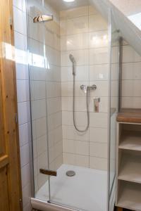 a bathroom with a shower with a glass door at U Kováře Matěje in Dřevíkov