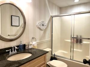 a bathroom with a shower and a sink and a toilet at 20 Mile Bay Lake View 4 Bedroom Public Beach Pet Friendly fee applies in Tuftonboro +59 photos
