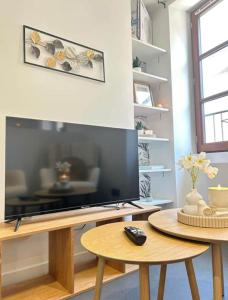 a living room with a large television on a table at Éclat du Safran - au cœur de Auxerre in Auxerre