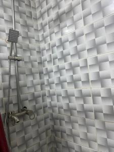 eine Dusche mit einem weißen Duschvorhang im Bad in der Unterkunft Lifecamp Apartments in Abuja + 42 Fotos