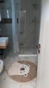 een badkamer met douche met een hondenkleed op de vloer bij Ianmamaia in Mamaia