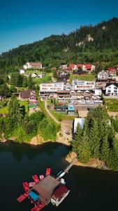 an aerial view of a resort on a lake at Hotel Roser House Boutique - pe malul lacului Colibita in Colibiţa +120 photos