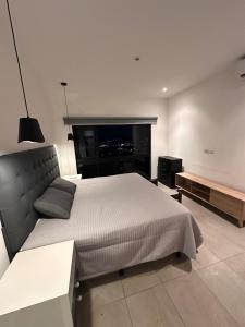 ein Schlafzimmer mit einem großen Bett und einem Fernseher in der Unterkunft Charming apartment with a nice view in San Salvador