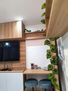 Cette chambre comprend deux chaises et un bureau avec une télévision. dans l'établissement Porto de Galinhas - Cupe Garden Flat, à Porto de Galinhas