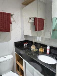 une salle de bain avec un lavabo, des toilettes et un miroir dans l'établissement Porto de Galinhas - Cupe Garden Flat, à Porto de Galinhas 20 autres photos