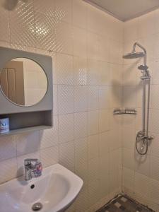 a bathroom with a sink and a shower with a mirror at Palm and Pillow in Freetown